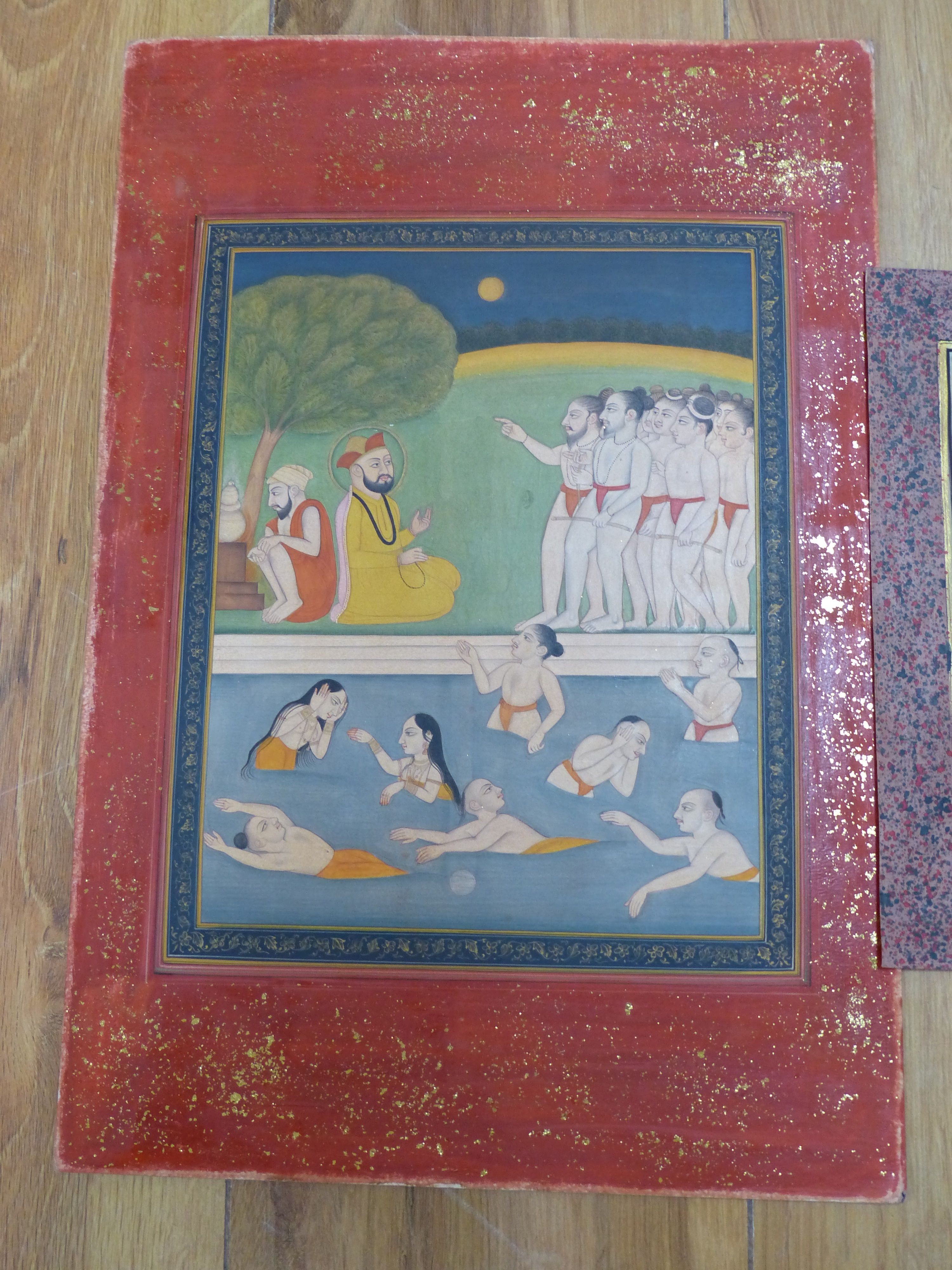Indian School, two unframed gouache, Figures bathing and study of a sage standing upon a fish, 22 x 18cm and 17 x 10cm, unframed